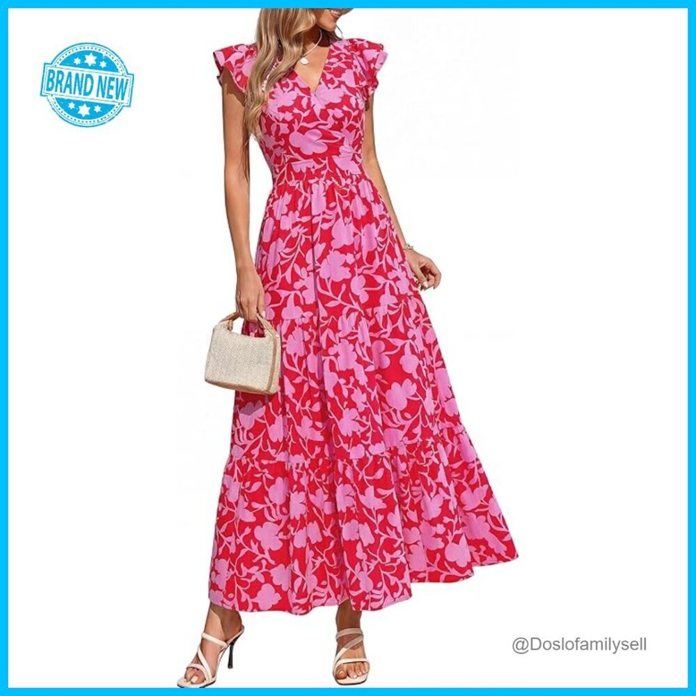 Flowy Maxi Dress Boho Floral Wrap V-Neck Ruffle Sleeve Casual Summer Beach
